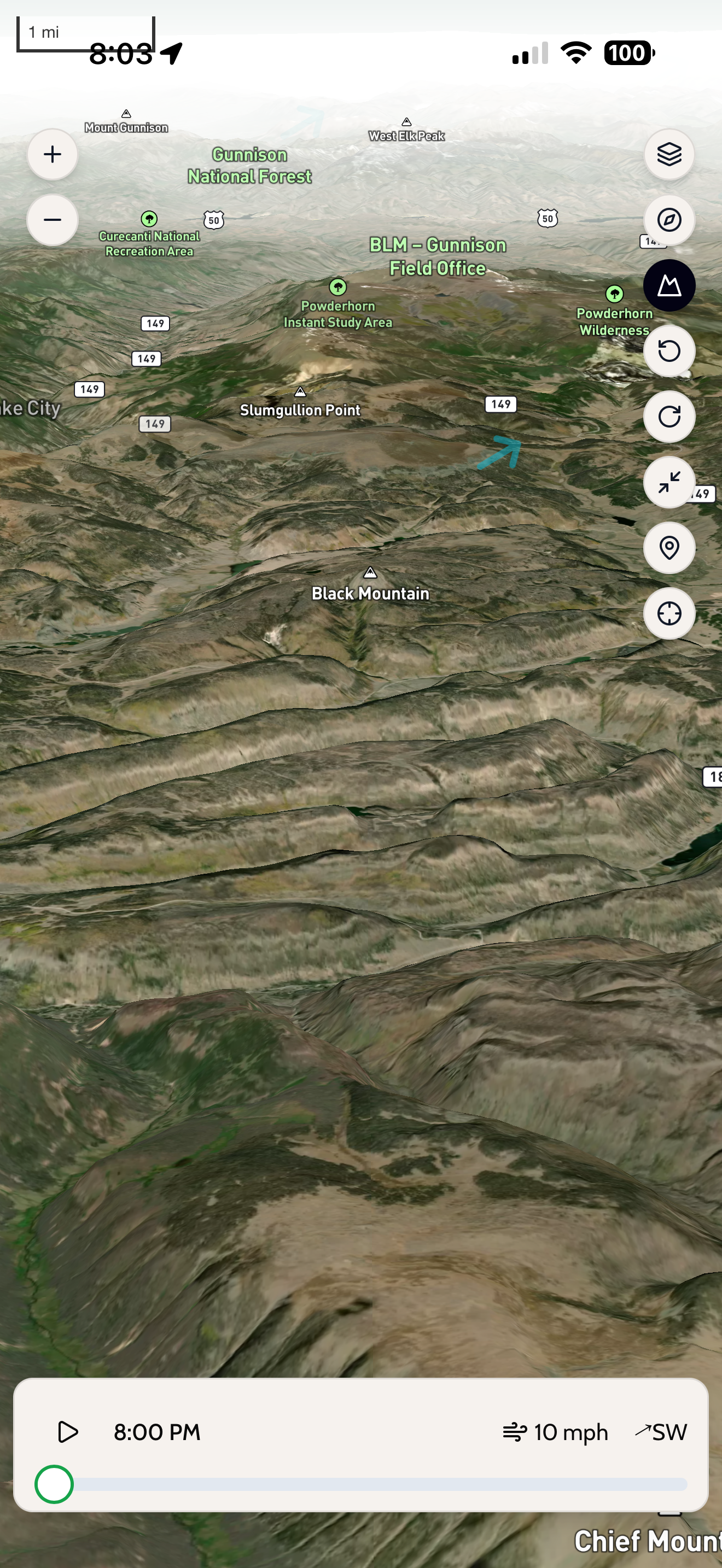 3D terrain map with wind overlay